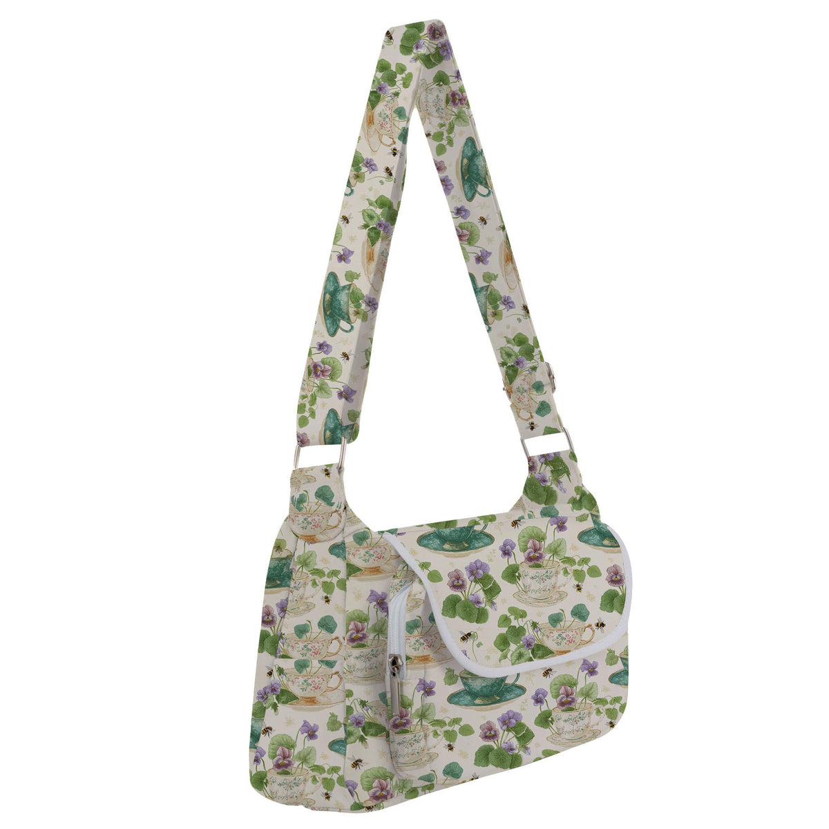 a white purse with green and purple flowers on it
