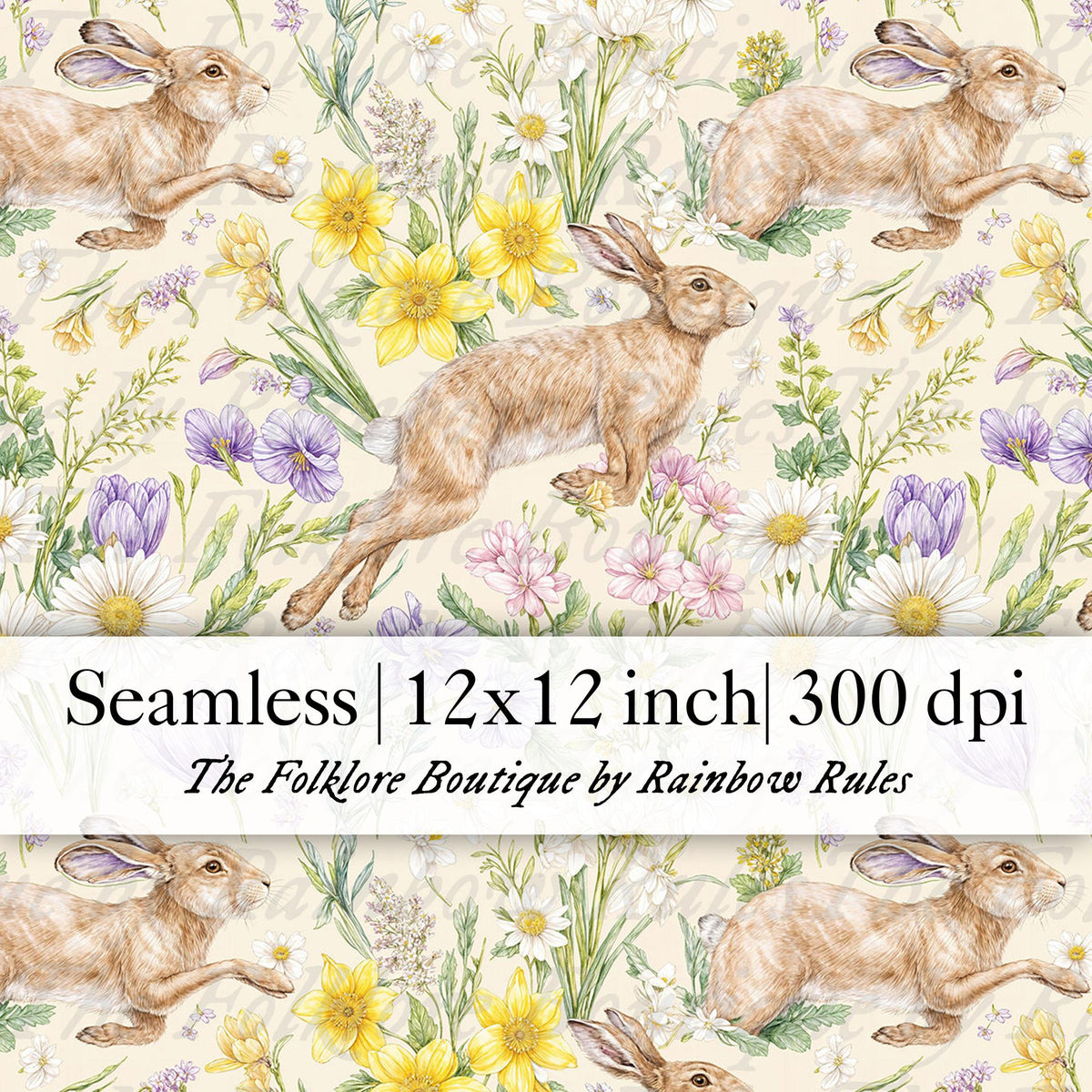Spring Rabbits and Wildflowers - Digital Seamless Pattern