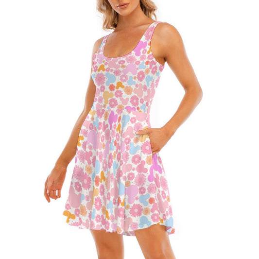 Retro Floral Mouse - Women's Sleeveless Pocket Skater Dress