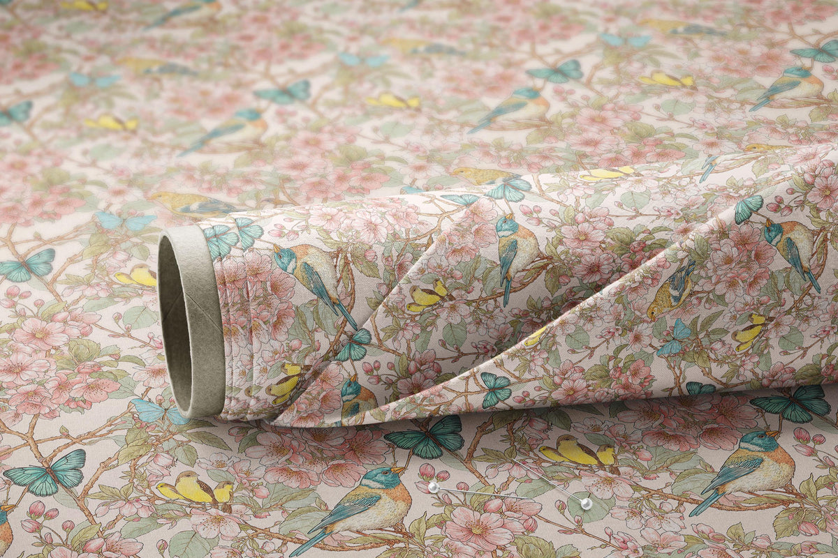 Vintage Birds and Cherry Blossoms - Digital Seamless Pattern