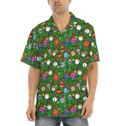 Festive Character Baubles on Green - Men's Hawaiian Button Up Shirt