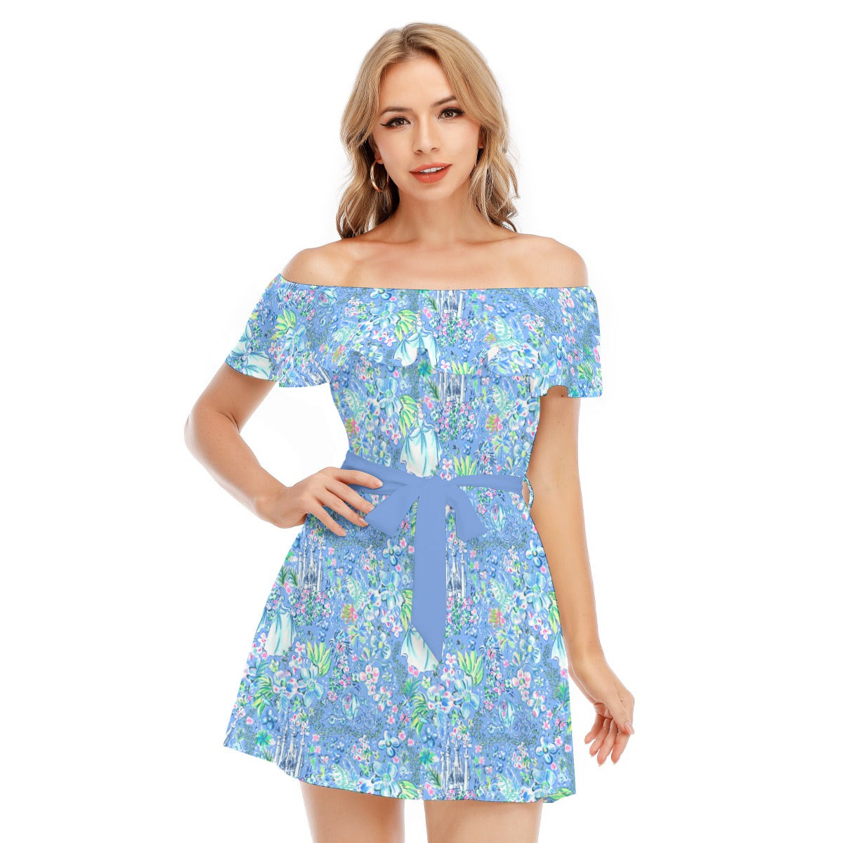 Bright Tropical Princess - Royal Beach Day - Women's Off-shoulder Ruffle Dress