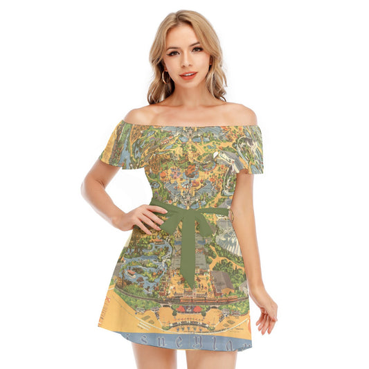 Vintage Theme Park Map - Women's Off-shoulder Ruffle Dress