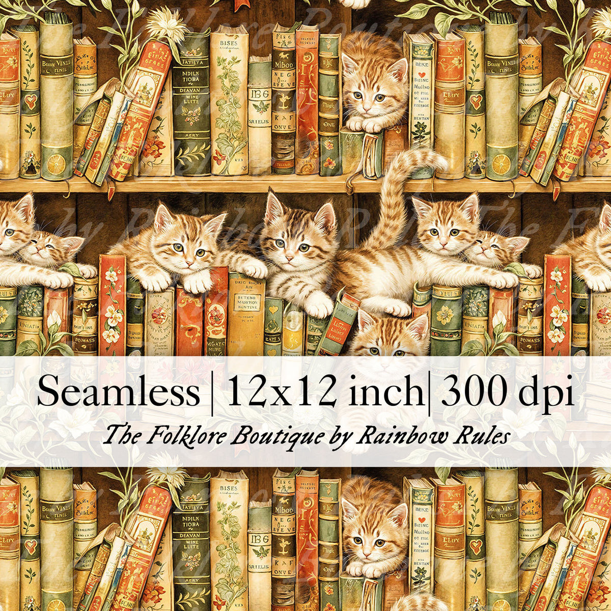 Antique Book Cats - Digital Seamless Pattern