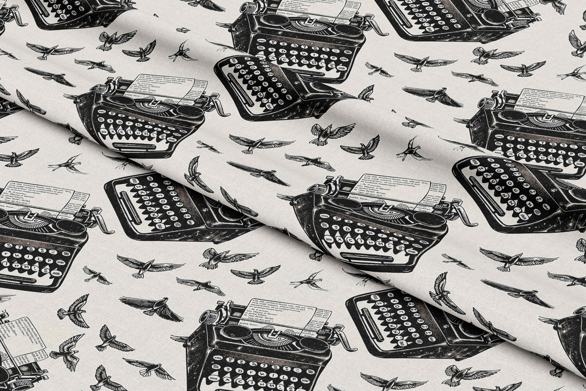 Monochrome Typewriters & Birds - Digital Seamless Pattern