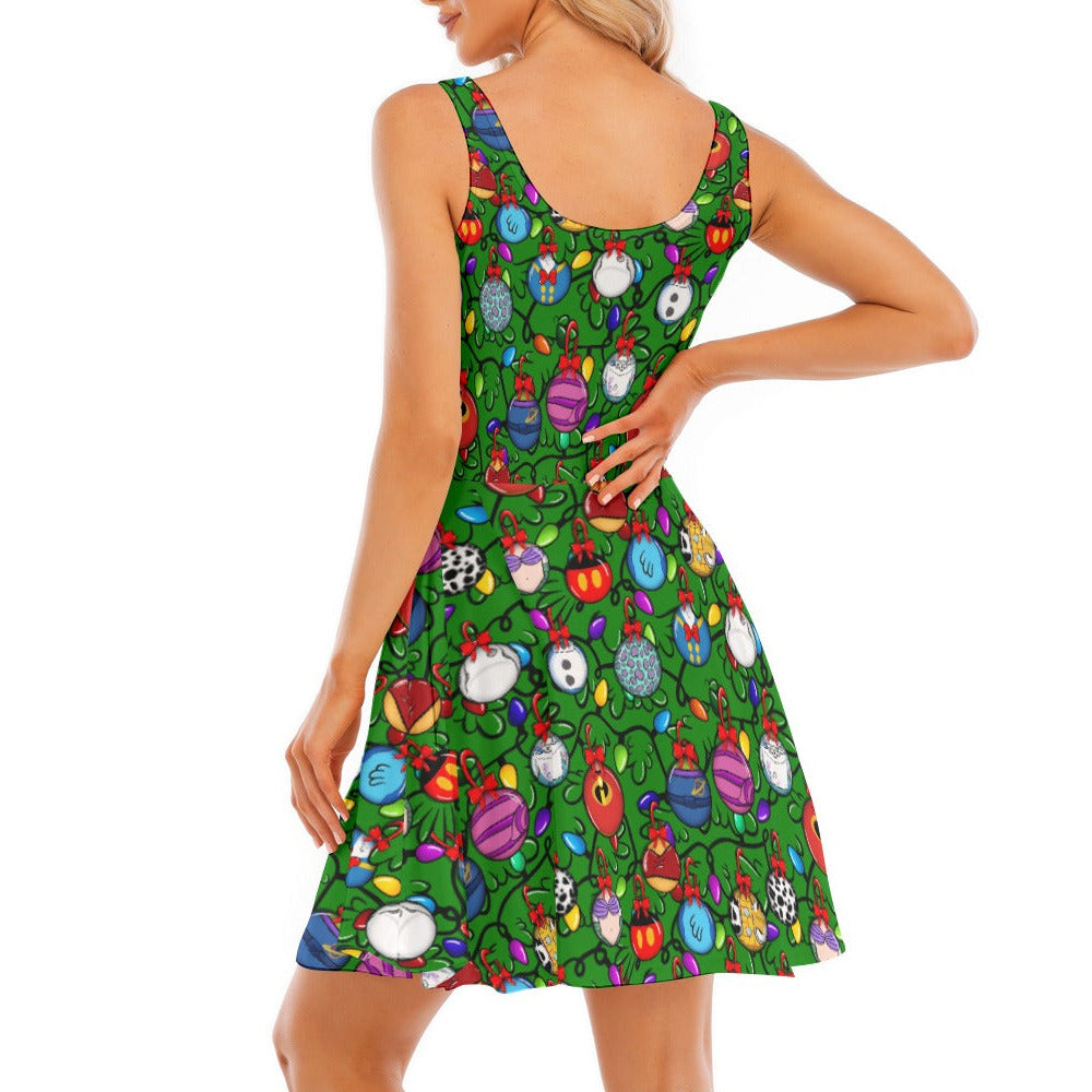 Festive Character Baubles on Green - Women's Sleeveless Pocket Skater Dress