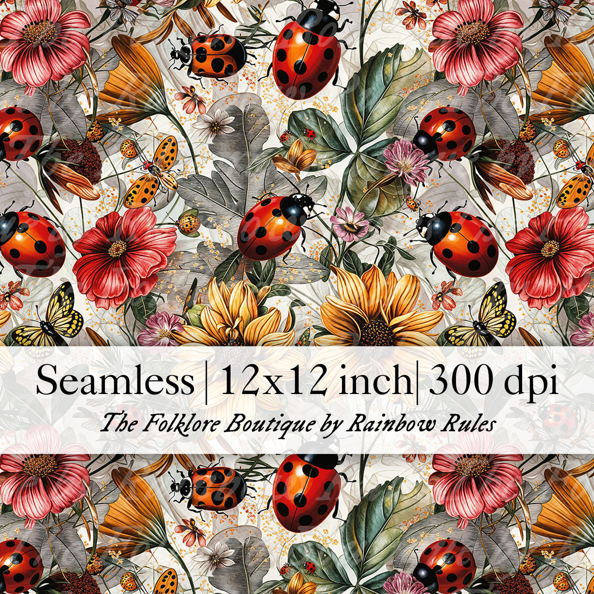 Vintage Ladybird Florals on Grey - Digital Seamless Pattern