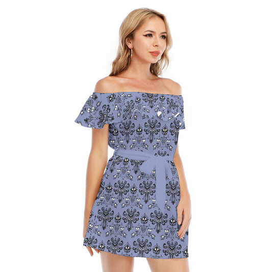 Spooky Mansion Wallpaper - Women's Off-shoulder Ruffle Dress