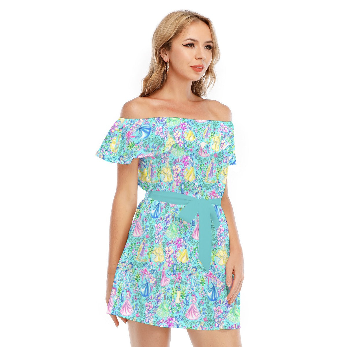 Bright Tropical Princess - Royal Garden Mashup - Women's Off-shoulder Ruffle Dress