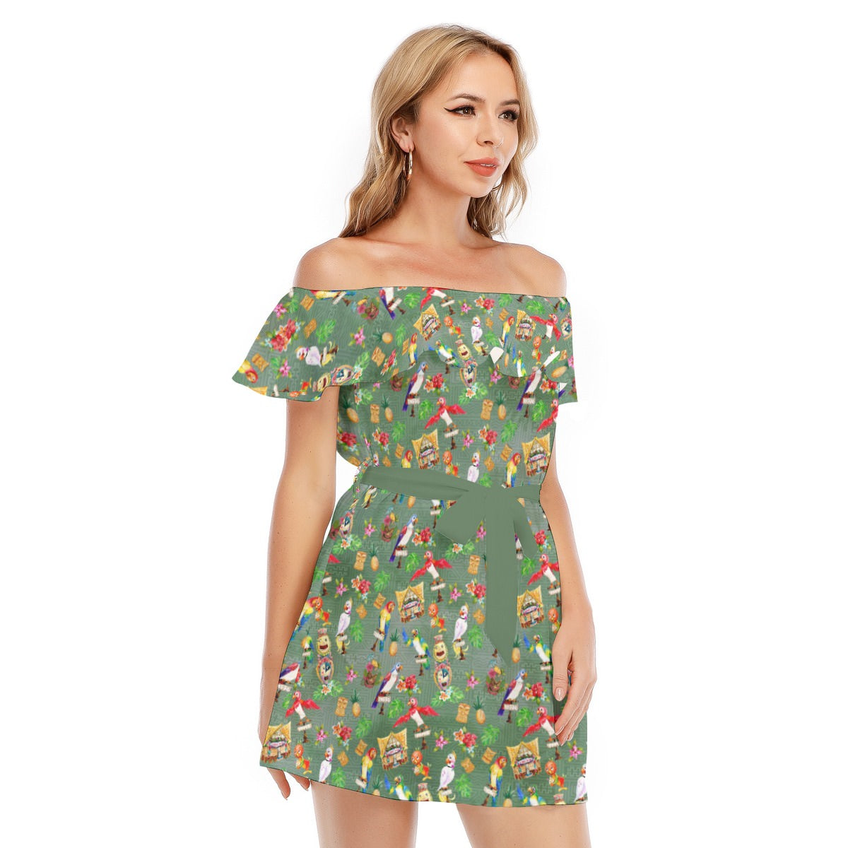 Orange Bird & Tiki Friends - Women's Off-shoulder Ruffle Dress