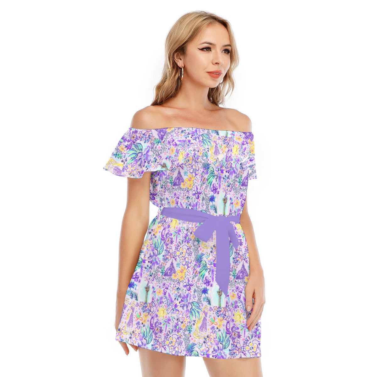 Bright Tropical Princess - Tower Light Festival - Women's Off-shoulder Ruffle Dress