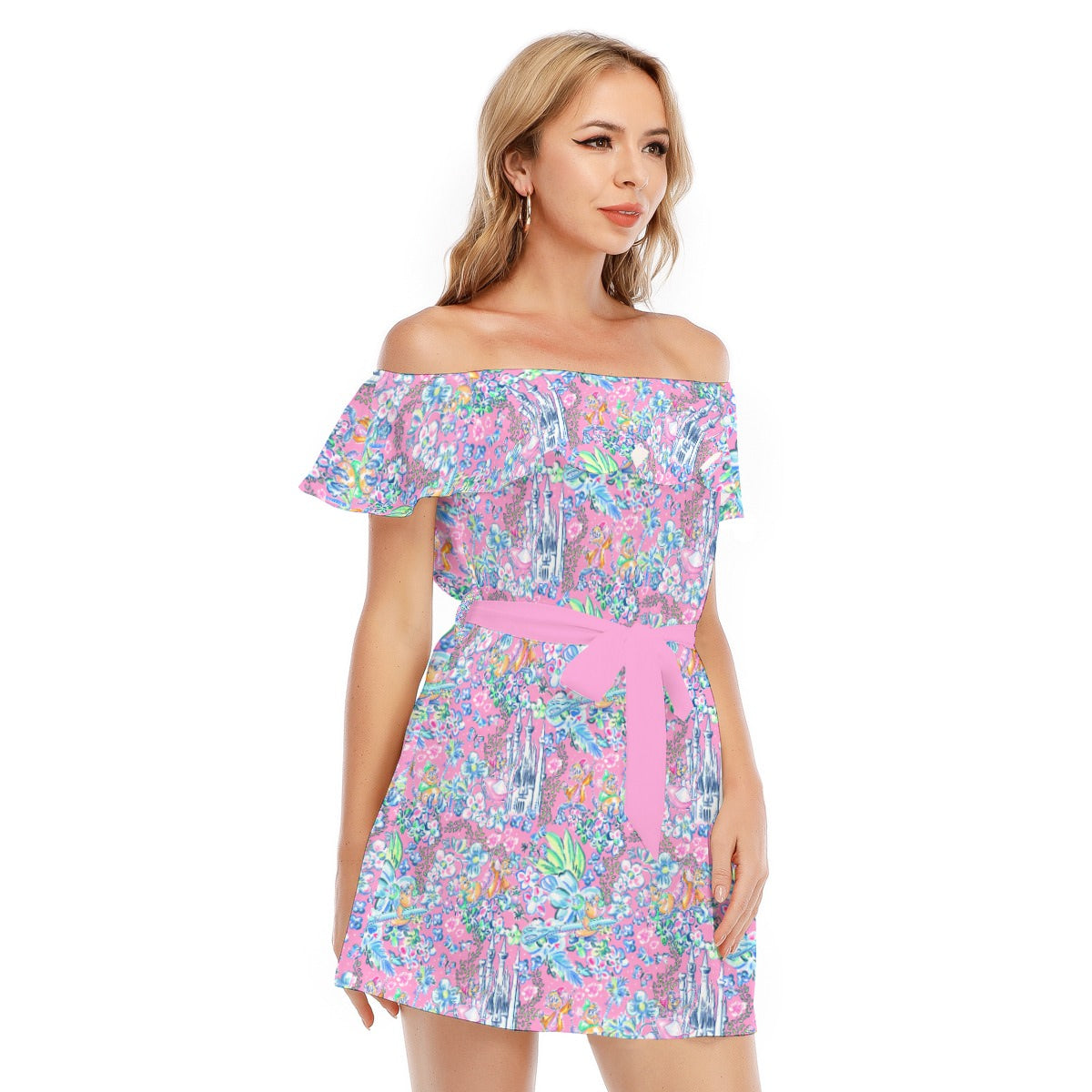 Bright Tropical Dreams - Enchanted Squeaky Helpers - Women's Off-shoulder Ruffle Dress