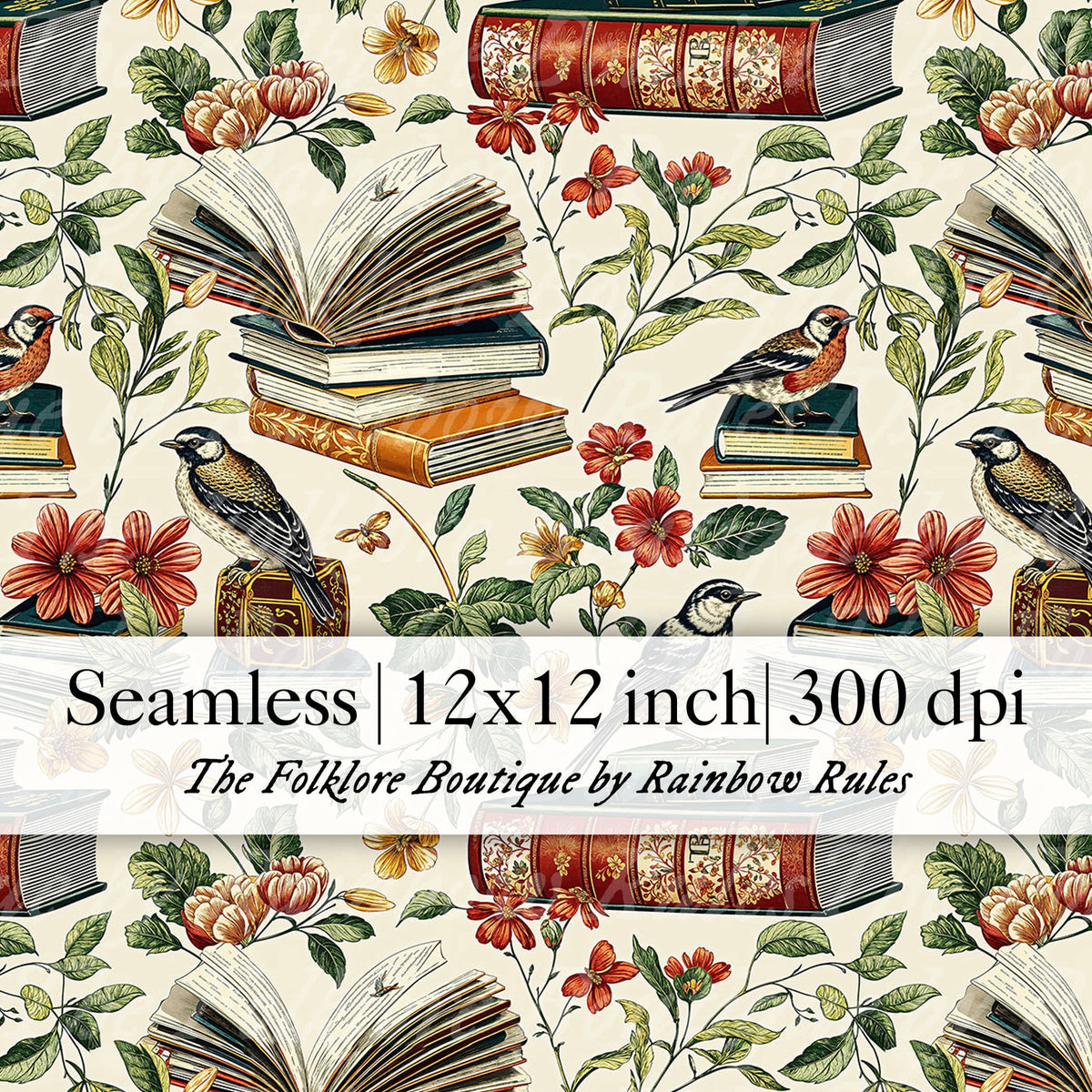 Vintage Books, Florals, & Birds - Digital Seamless Pattern