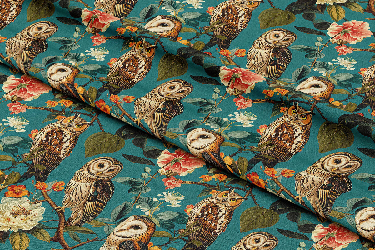 Owls and Florals on Teal - Digital Seamless Pattern