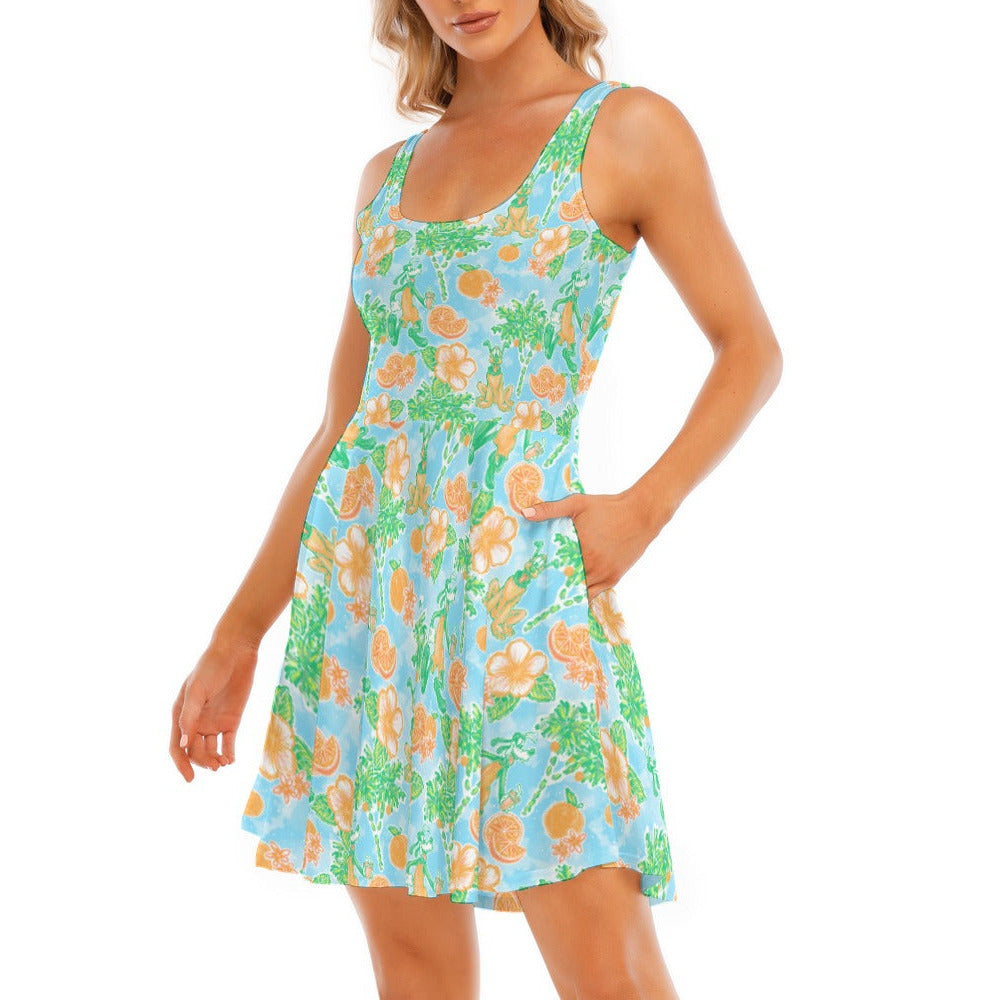Neon Tangerine Island Pals - Women's Sleeveless Pocket Skater Dress
