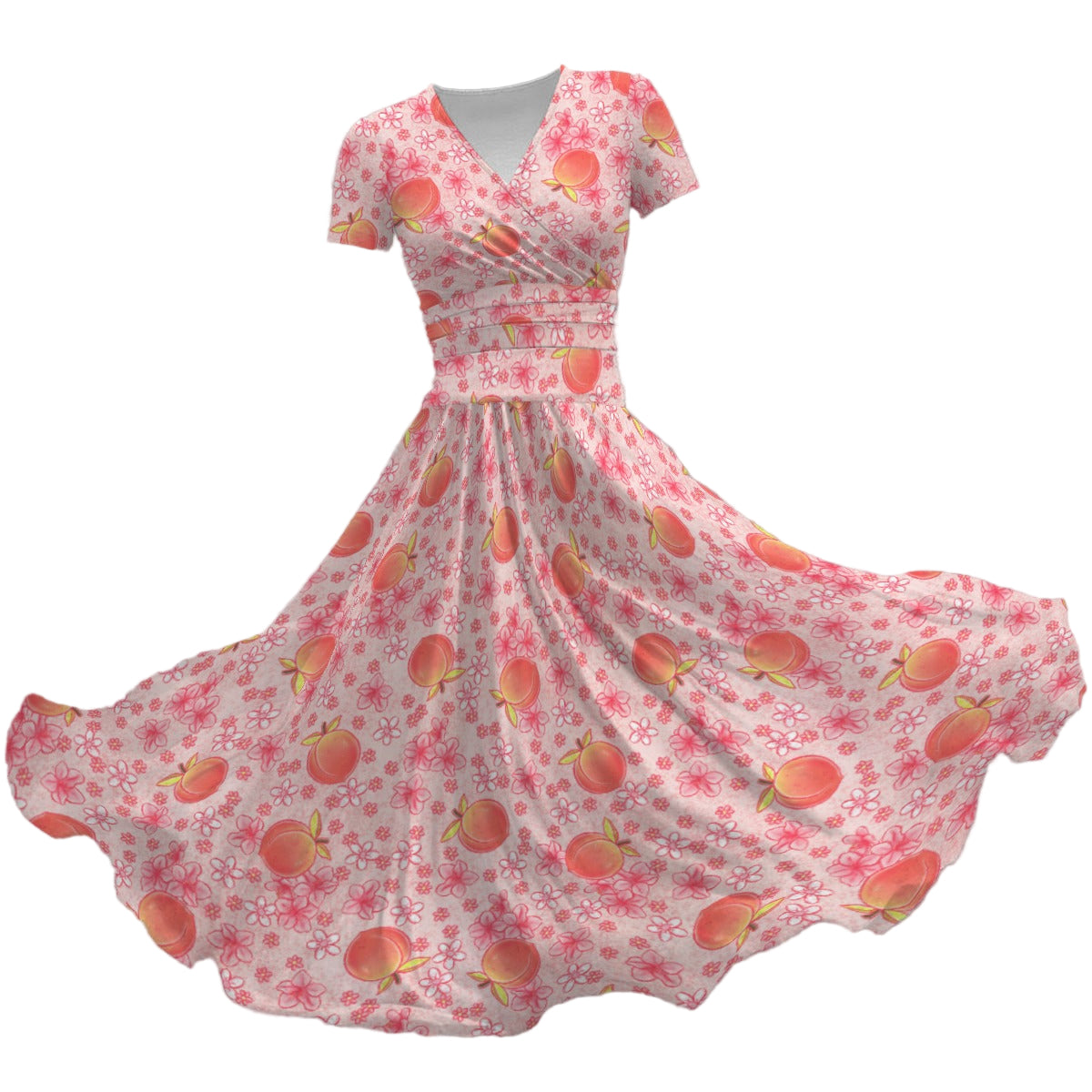 Summer Fruits - Peaches - Women's V-Neck Ruched Midi Dress