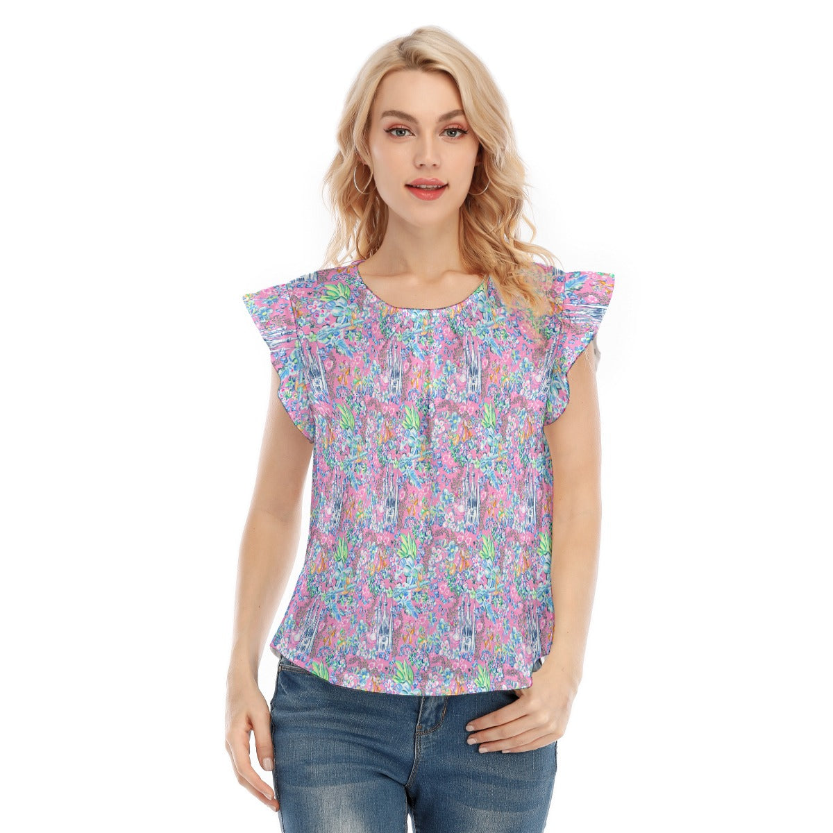 Bright Tropical Dreams - Enchanted Squeaky Helpers - Women’s Flutter Sleeve Top