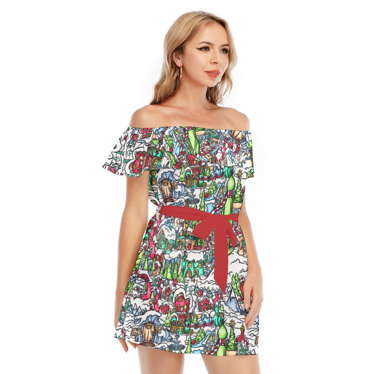 Whimsical Village Winter Wonderland - Women's Off-shoulder Ruffle Dress