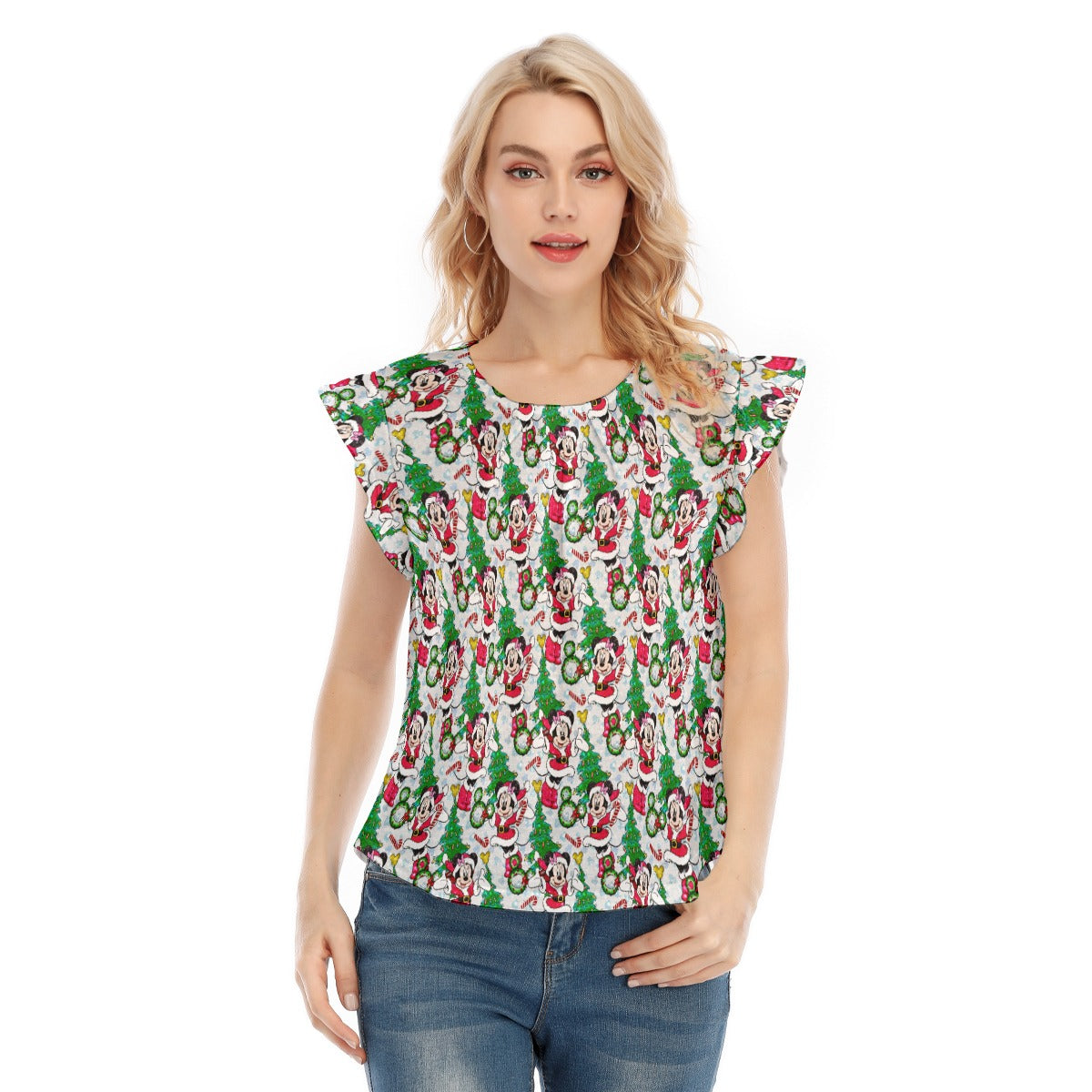 Santa Mouse with Sparkle - Women’s Flutter Sleeve Top