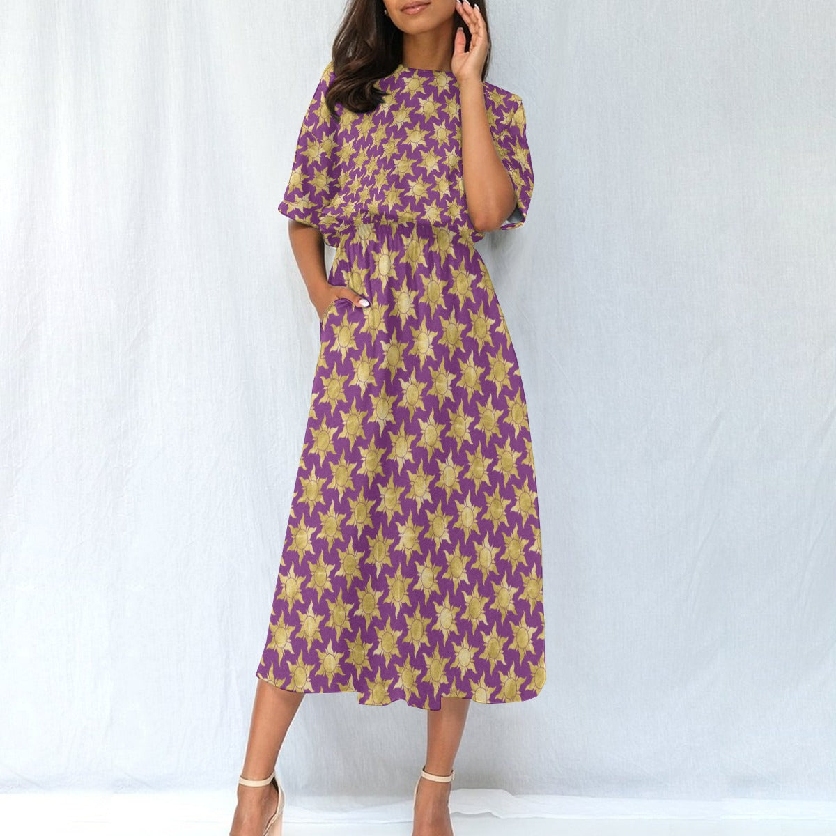 Golden Sun Symbols - Women’s Elastic Waist Pocket Midi Dress