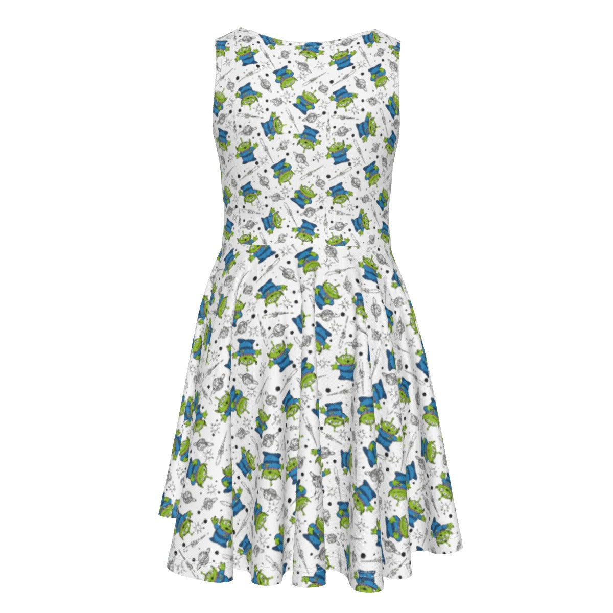 Playful Green Aliens on White - Kid's Sleeveless Skater Dress