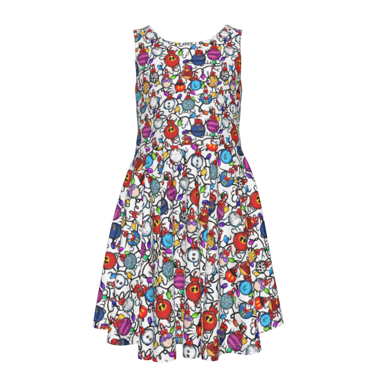 Festive Character Baubles on White - Kid's Sleeveless Skater Dress