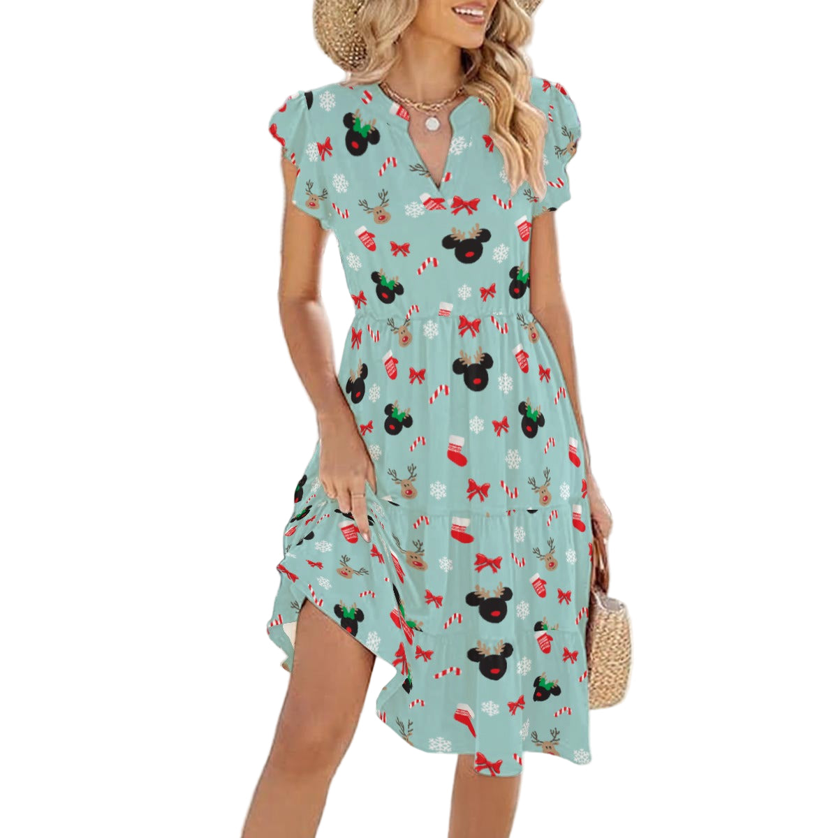Festive Reindeer Mouse Holiday - Women's Tiered Pocket Midi Dress