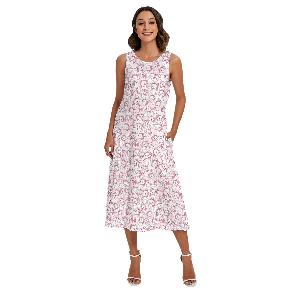 Sweet Kitten with Pink Bow - Women’s Diagonal Pocket Midi Dress