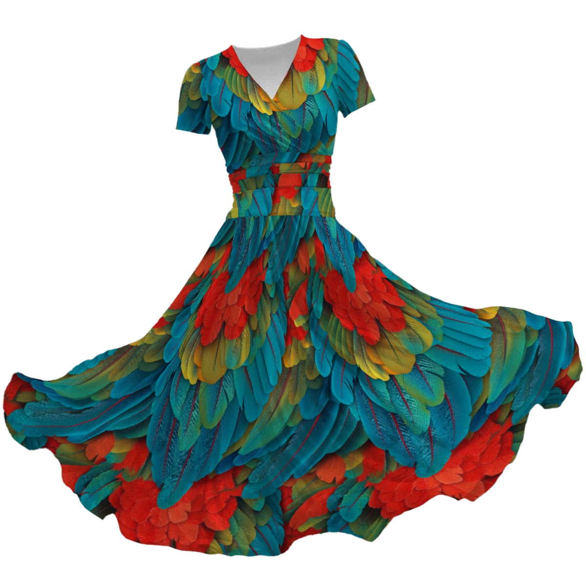 Animal Print - Macaw Parrot - Women's V-Neck Ruched Midi Dress