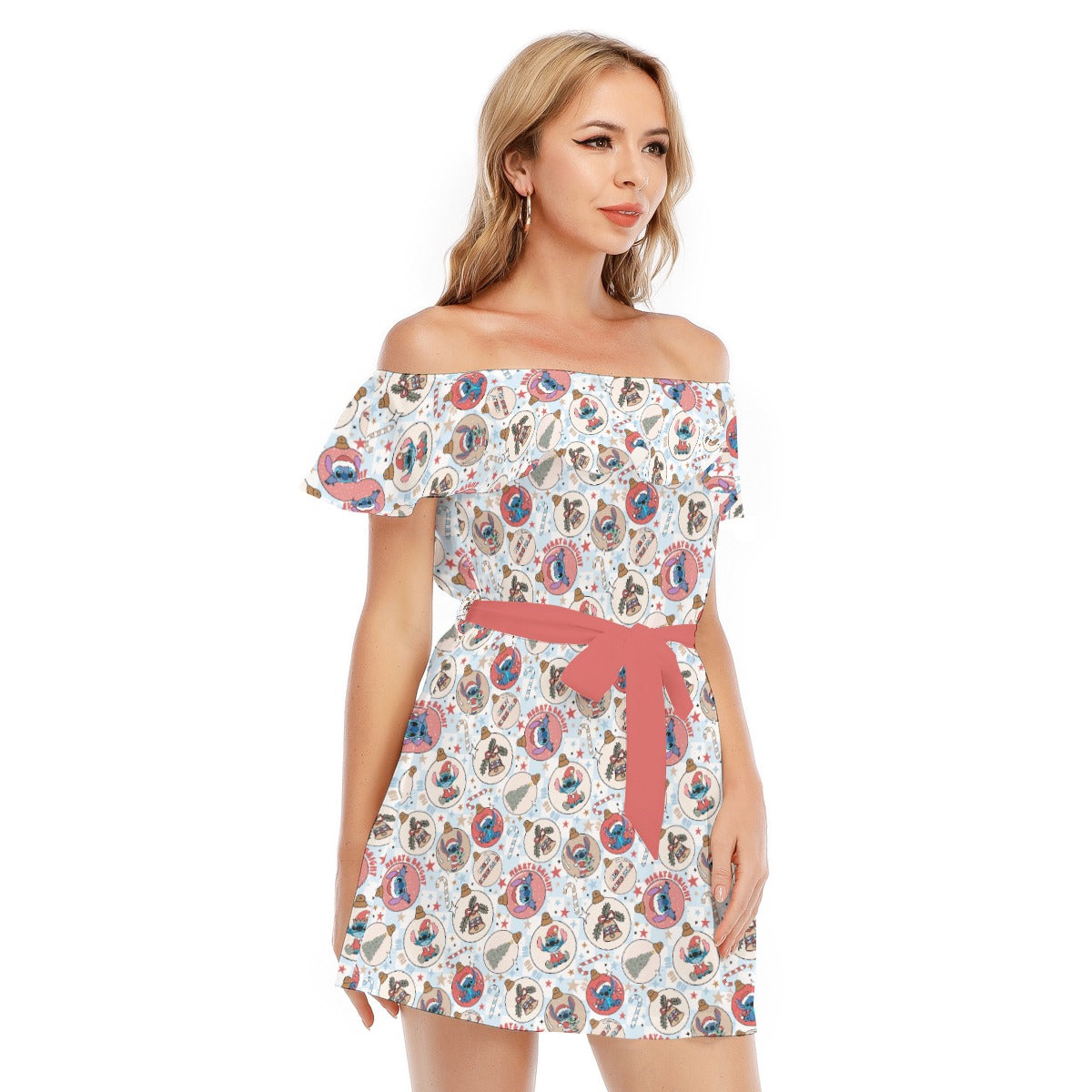 Festive Elf and Ornament Fun - Women's Off-shoulder Ruffle Dress