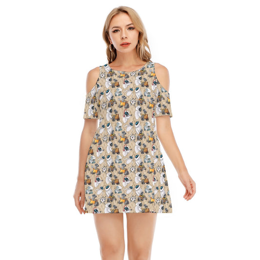 Robot Romance Sketchedched - Women's Cold Shoulder Cotton Dress