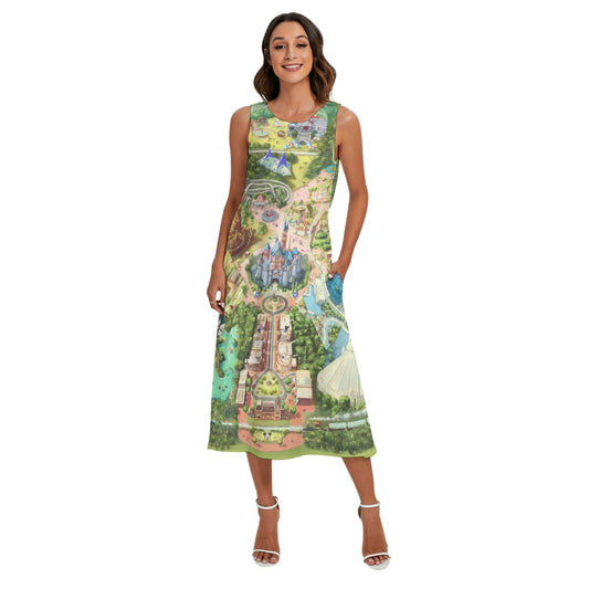 Colorful Theme Park Map - Women’s Diagonal Pocket Midi Dress