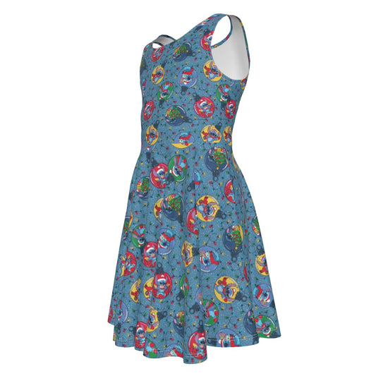 Holiday Baubles with Mischievous Blue Alien - Kid's Sleeveless Skater Dress