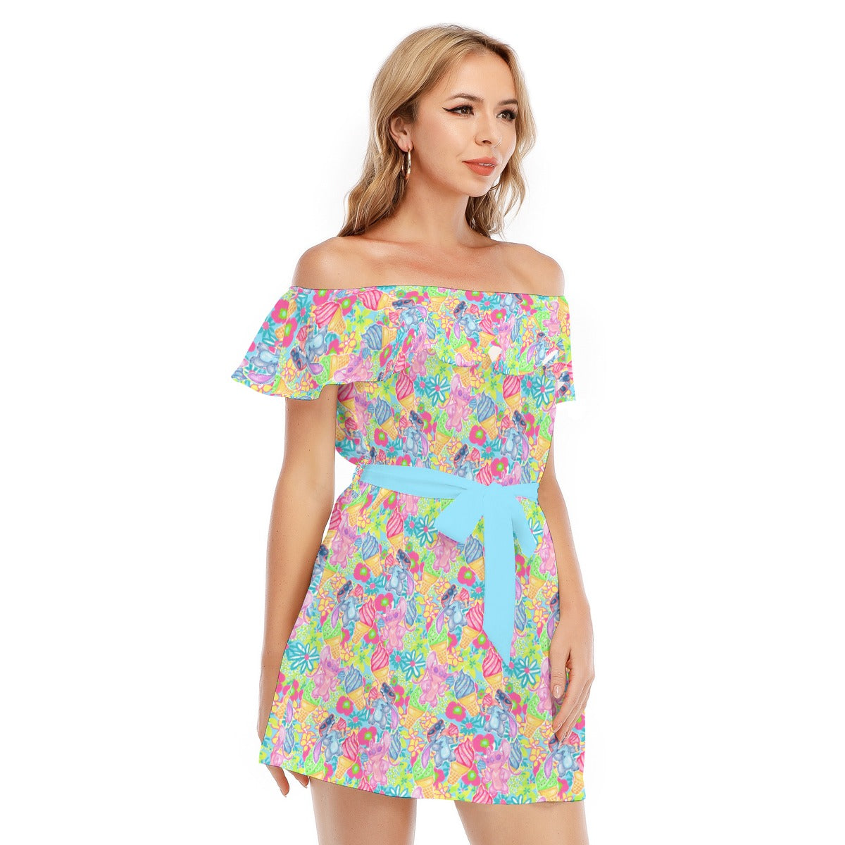 Neon Floral Summer Vibes - Women's Off-shoulder Ruffle Dress