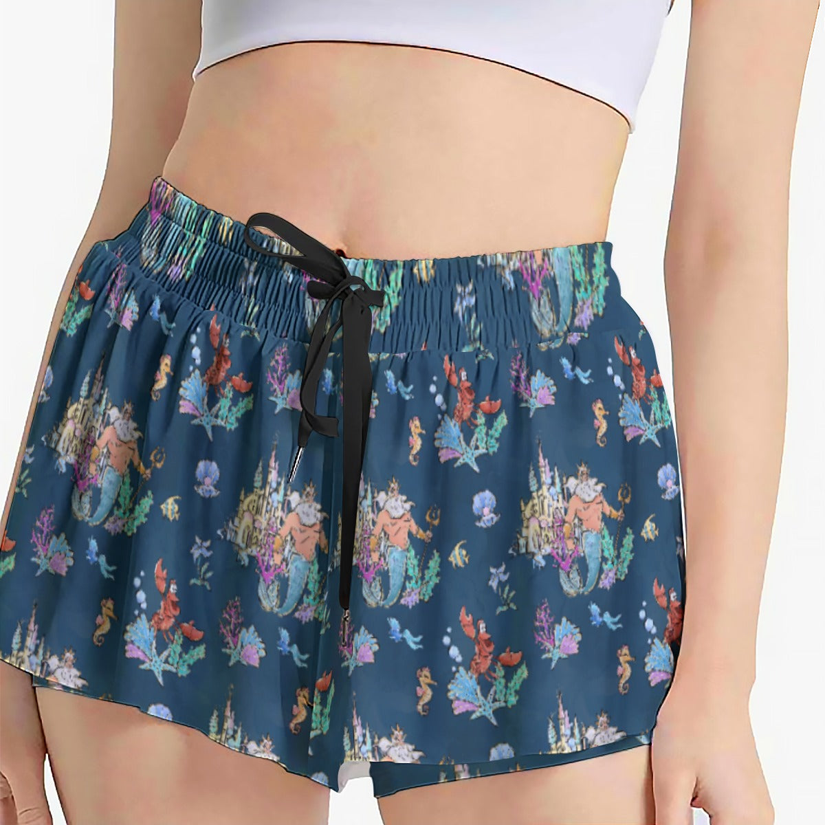 Whimsical Sea King and Crab - Women's Flowy Pocket Shorts