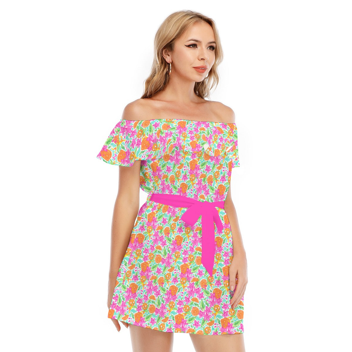 Tropical Citrus Bloom - Women's Off-shoulder Ruffle Dress
