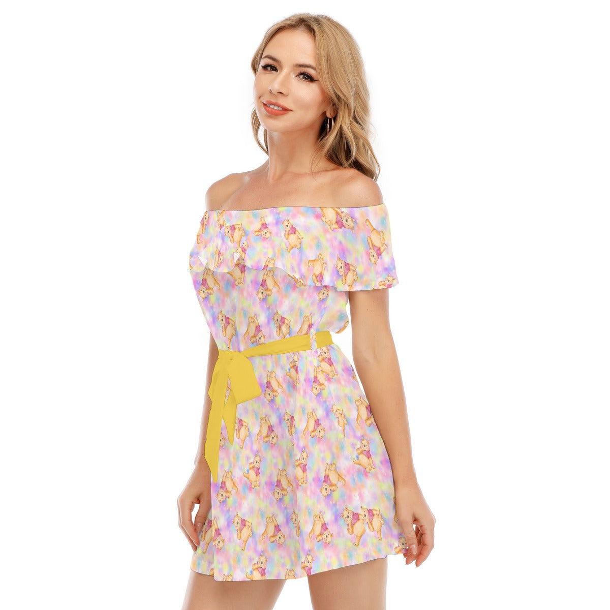 Watercolor Honey Bear - Women's Off-shoulder Ruffle Dress
