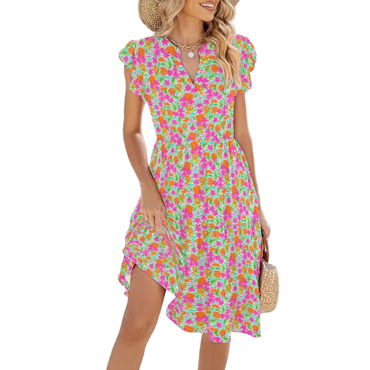 Tropical Citrus Bloom - Women's Tiered Pocket Midi Dress
