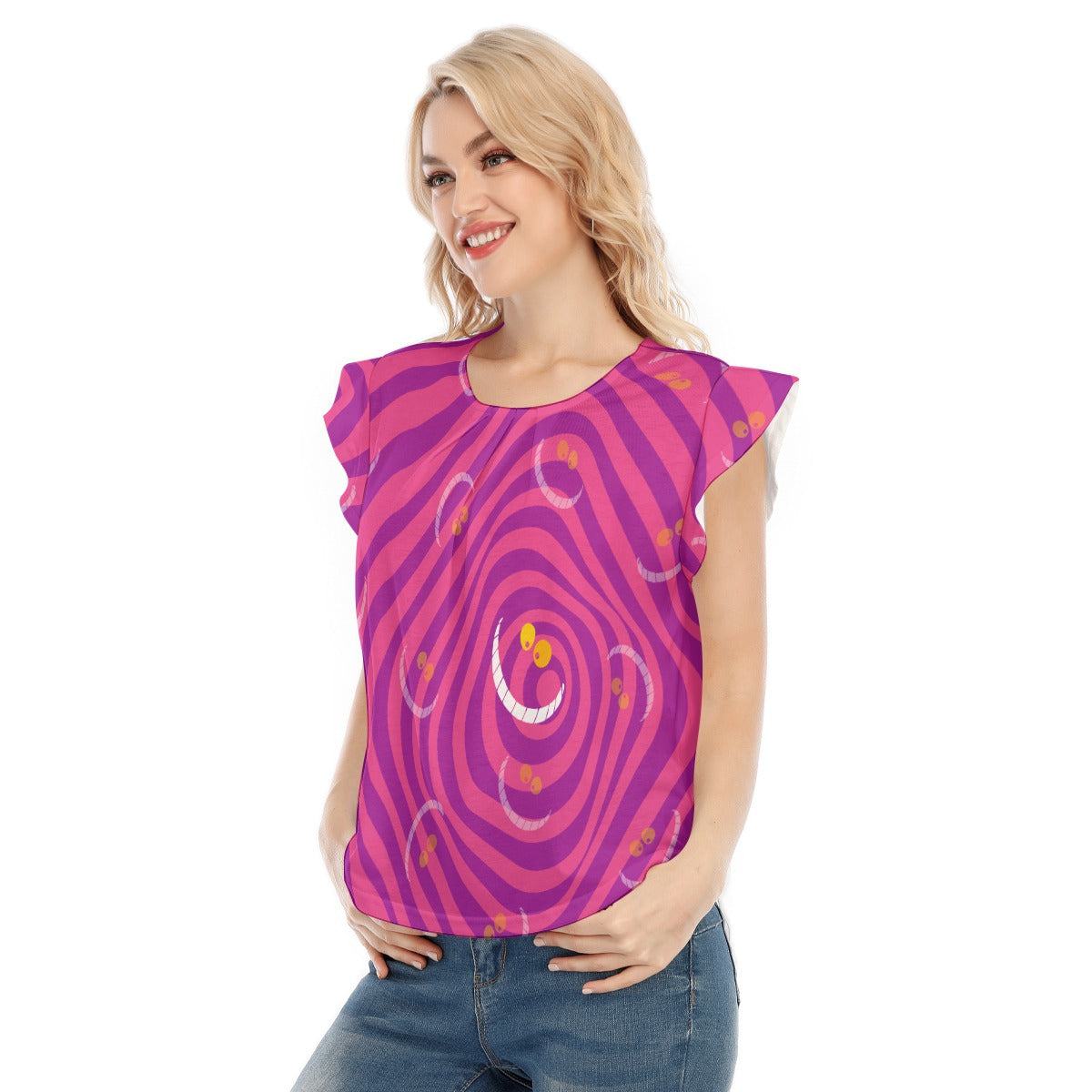 Whimsical Grinning Stripes - Women’s Flutter Sleeve Top