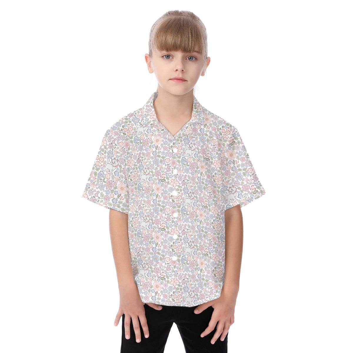 Springtime Kitten Garden Elegance - Kid's Hawaiian Button Up Shirt