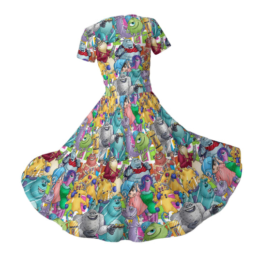 Monster Mayhem Sketched - Women's V-Neck Ruched Midi Dress