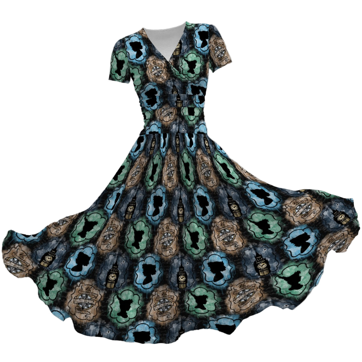 Starry Flight Silhouettes - Women's V-Neck Ruched Midi Dress