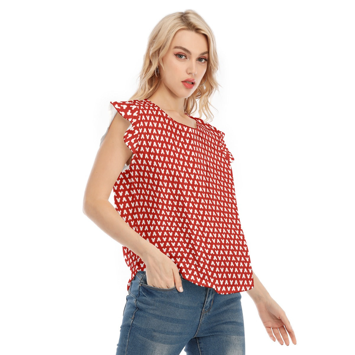 Playful Polka Dot Ears Red - Women’s Flutter Sleeve Top