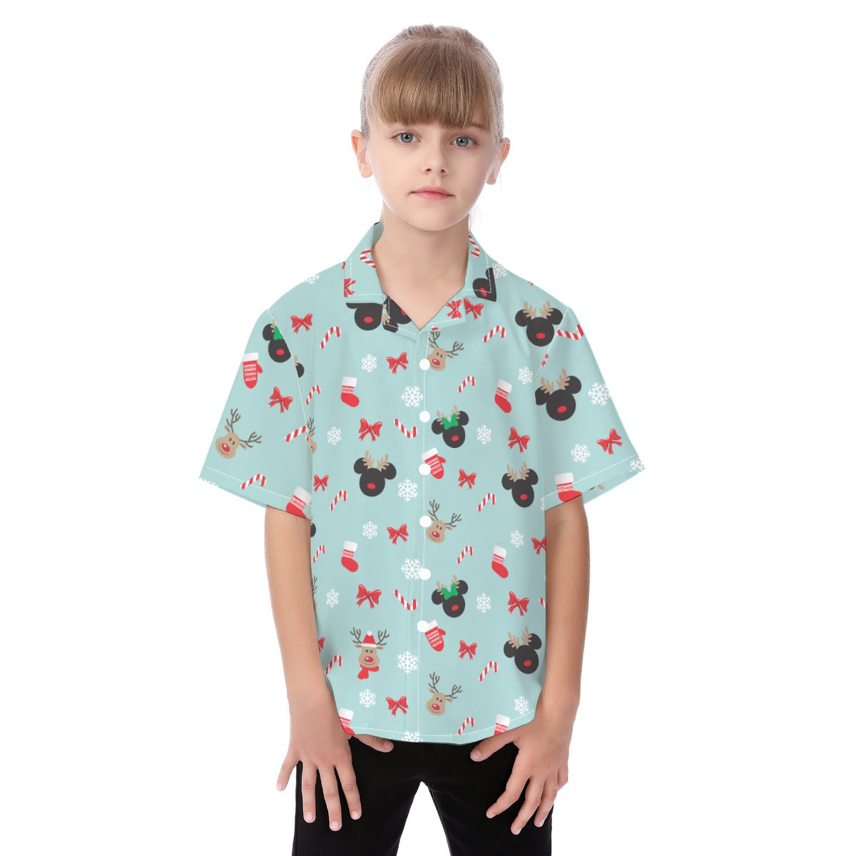 Festive Reindeer Mouse Holidayeers - Kid's Hawaiian Button Up Shirt