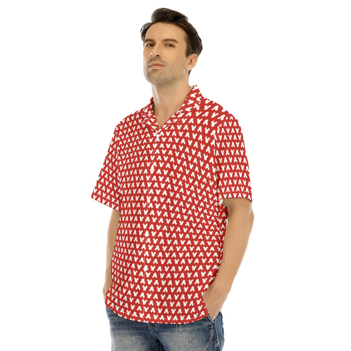 Playful Polka Dot Ears Red - Men's Hawaiian Button Up Shirt