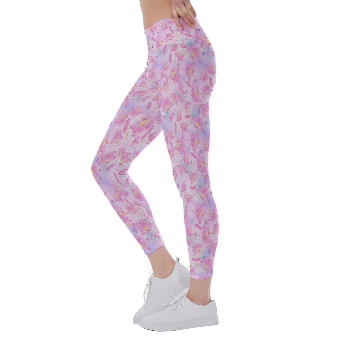 Pink Crystal Lunar Moths - Women's Yoga Leggings