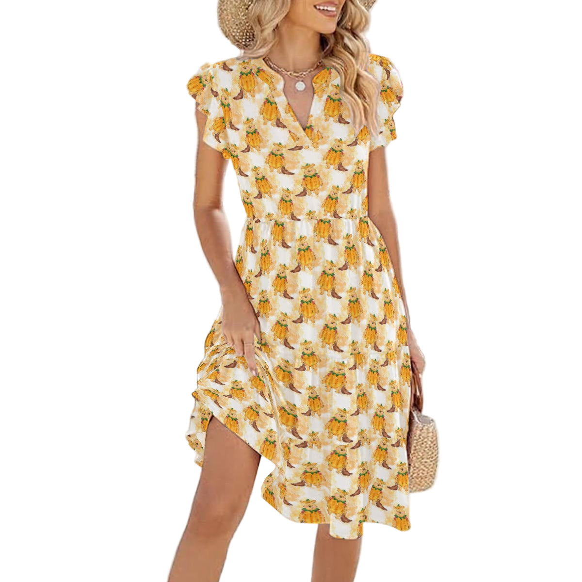 Pumpkin Bear Mischief - Women's Tiered Pocket Midi Dress