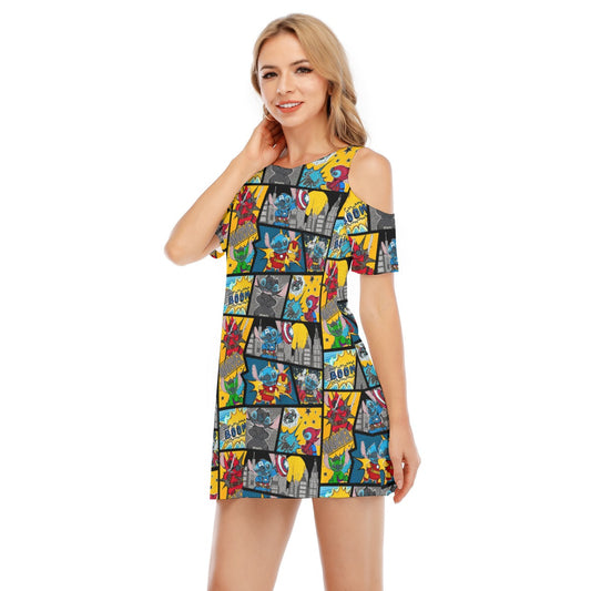 Superhero Stitch - Comic Action - Women's Cold Shoulder Cotton Dress