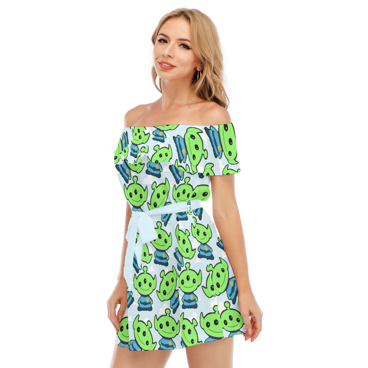 Little Green Space Aliens - Women's Off-shoulder Ruffle Dress
