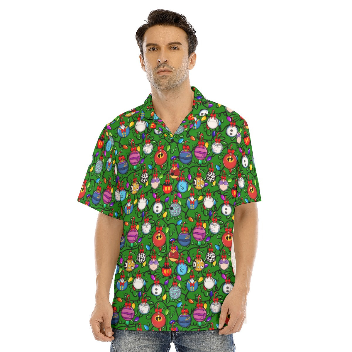 Festive Character Baubles on Green - Men's Hawaiian Button Up Shirt